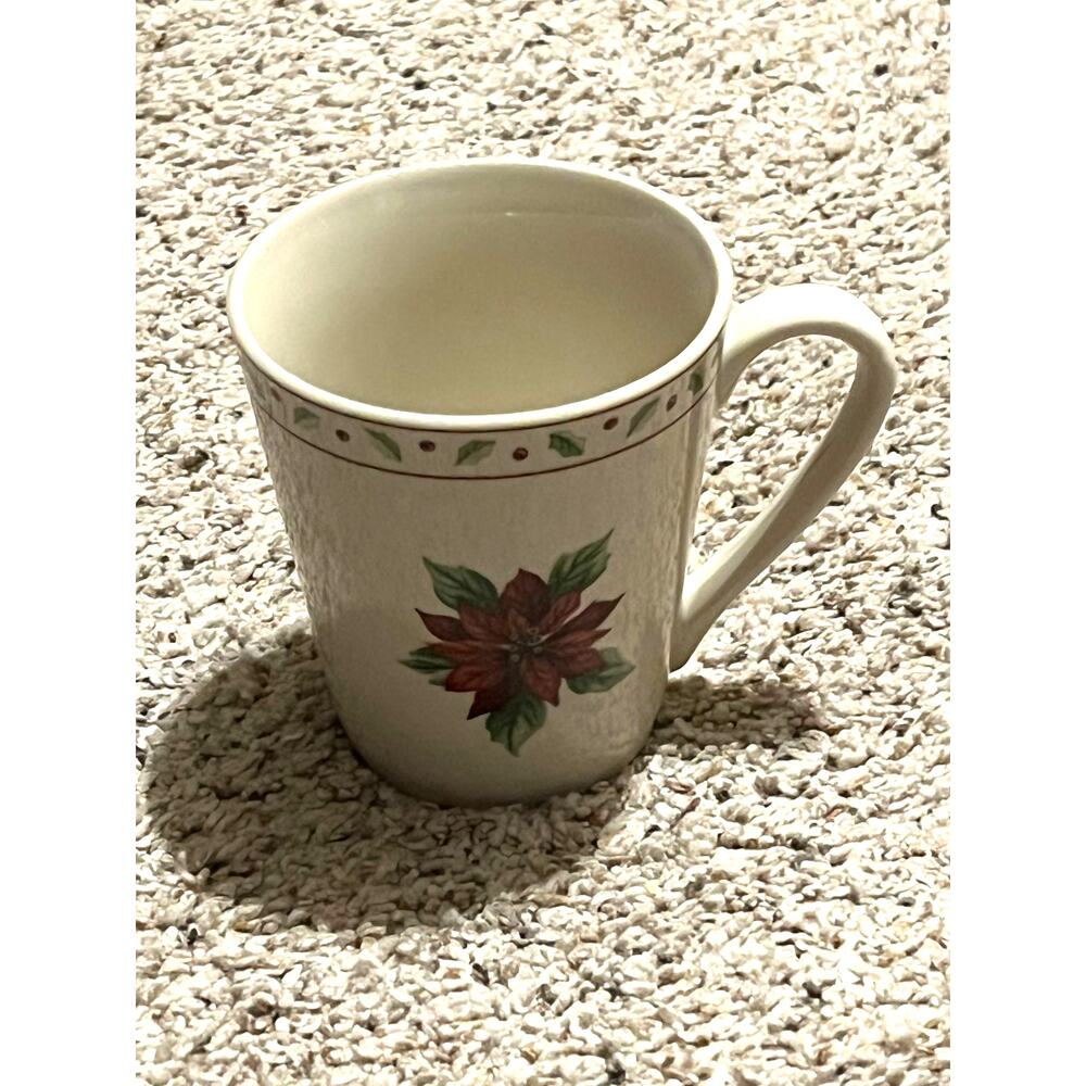 Merry Brite COFFEE MUG  MBT1  Christmas Holly Trees Poinsettia Replacement Vtg